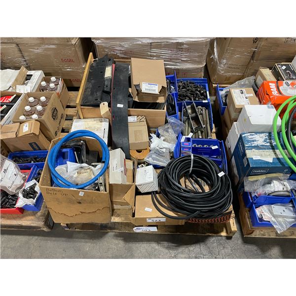 PALLET OF ASSORTED READY ROD, NUTS, BOLTS, RUBBER SAFETY ENDS, GASKET & HEAVY DUTY VEHICLE PARTS