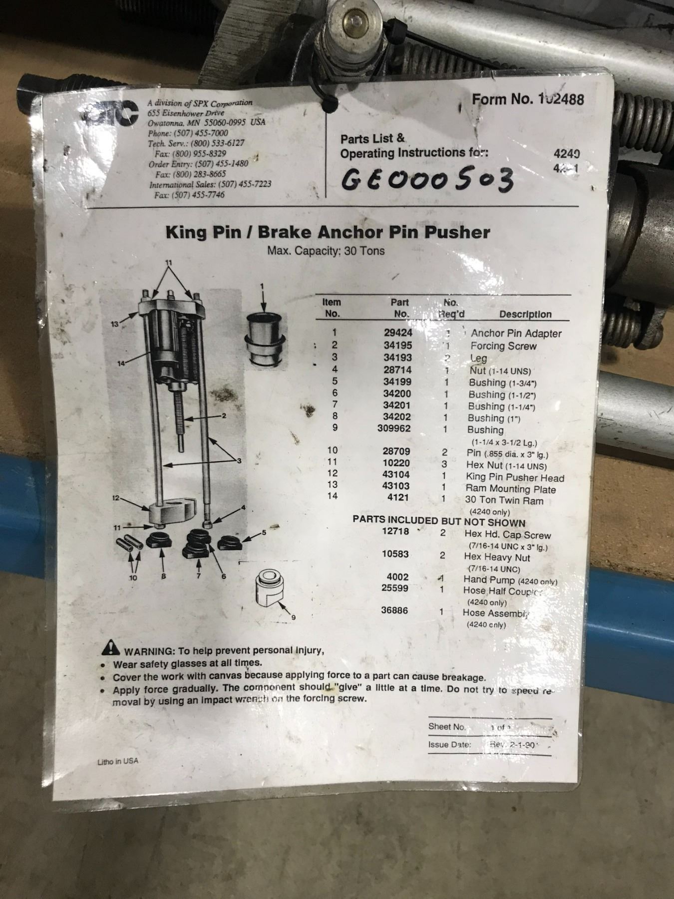 Pin Pusher Kit OTC 4240/4241 KING PIN INDUSTRIAL 30 TON BRAKE ANCHOR PIN PUSHER KIT ...
