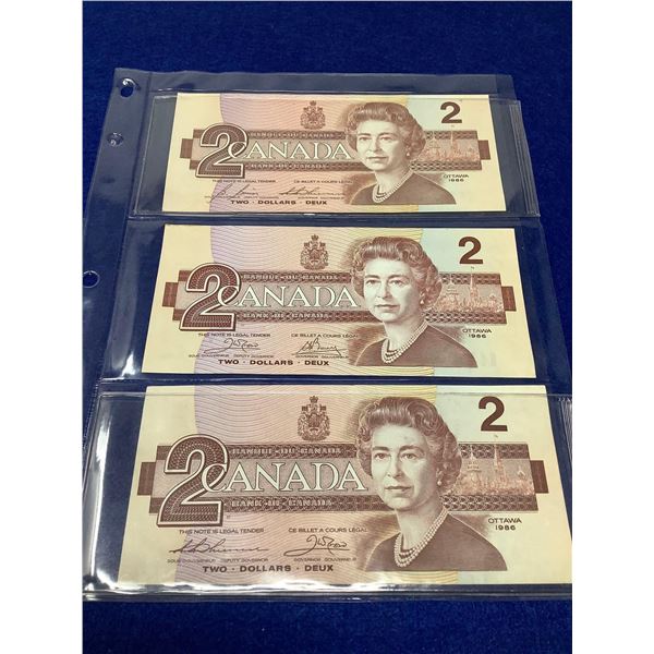 Bank of Canada 1986 Two Dollar Bills - Lot of 3