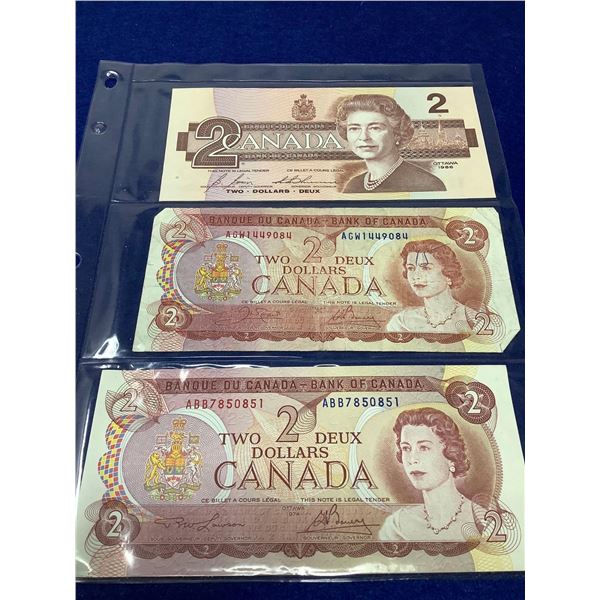Bank of Canada 1986 & 1974 (2) Two Dollar Bills - Lot of 3