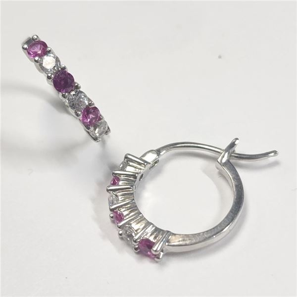 Silver Created Pink Sapphire Earrings (~Size )(Ring is resizable for $40) (~length inches), Suggeste
