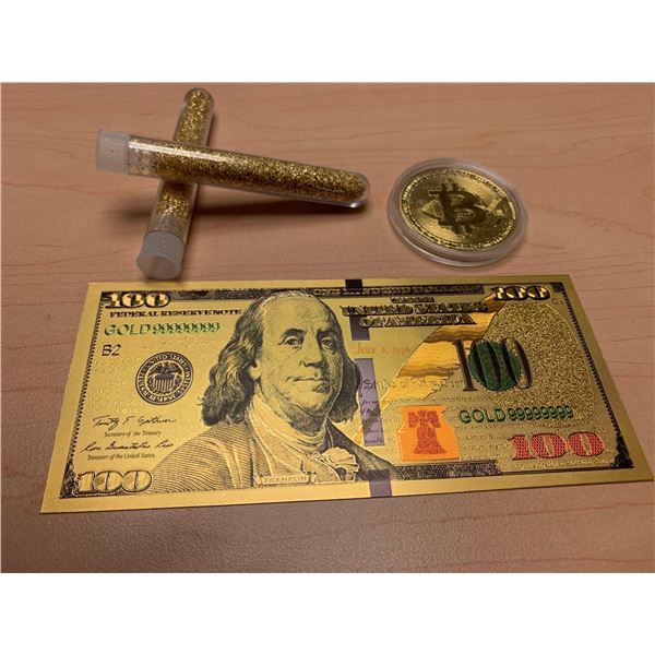 Golden Bundle with 2 large vials golden flake material, BitCoin Commemorative Medallion and Gold Cla