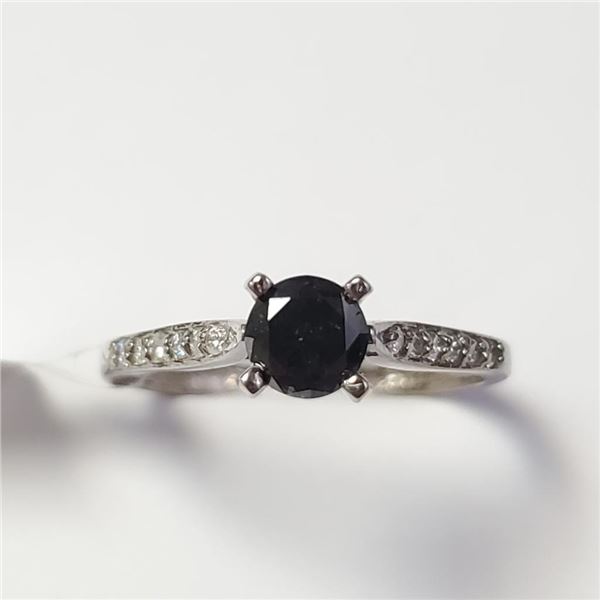 14K White Gold Black Diamond(0.55ct) Diamond(0.08ct) Ring (~Size 6)(Ring is resizable for $40) (~wei