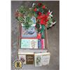 LARGE BOX OF CHRISTMAS CARDS AND DECORATIONS