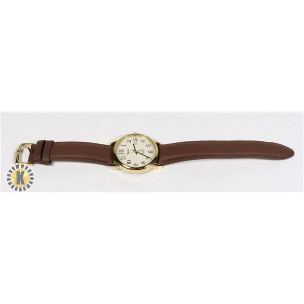 TIMEX GOLD RIM BROWN LEATHER STRAP WRIST WATCH