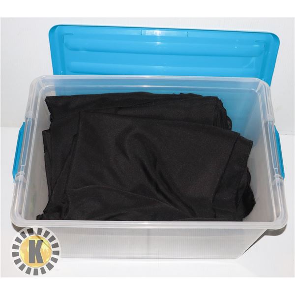 BIN OF 10 BLACK LONG TABLE CLOTHS 5' X 10'