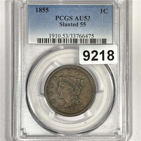 1855 Braided Hair Large Cent PCGS-AU53 Slanted 55