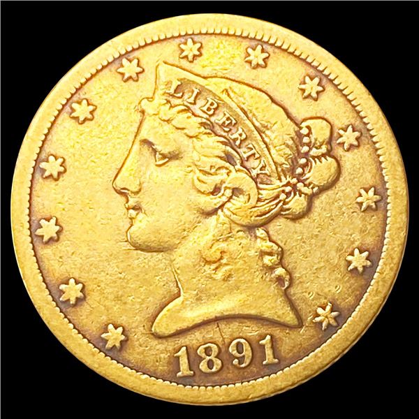 1891-CC $5 Gold Half Eagle ABOUT UNCIRCULATED