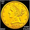 Image 1 : 1892-CC $5 Gold Half Eagle CHOICE BU
