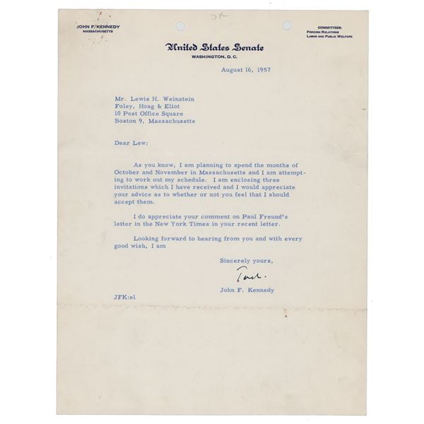 John F. Kennedy Typed Letter Signed as Senator