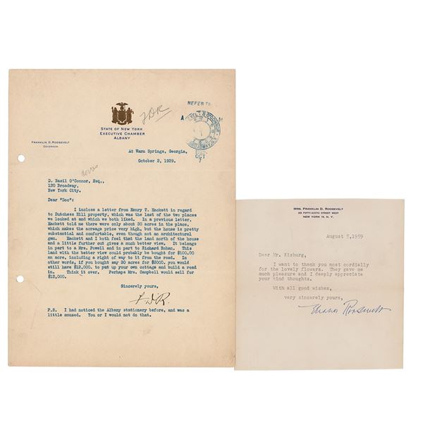 Franklin and Eleanor Roosevelt (2) Typed Letters Signed