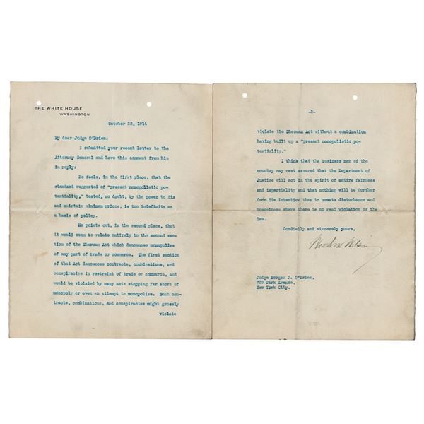 Woodrow Wilson Typed Letter Signed as President