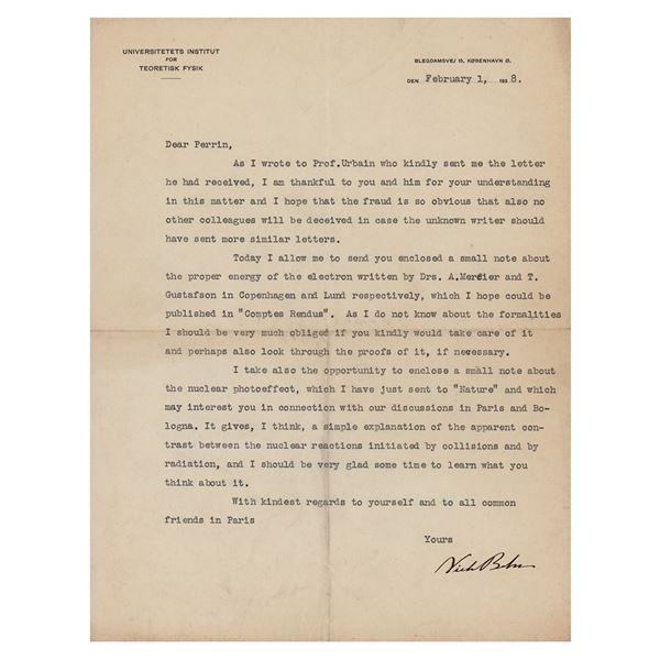 Niels Bohr Typed Letter Signed