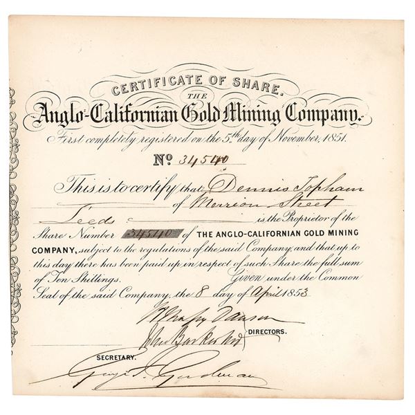 Anglo-California Gold Mining Company Stock Certificate