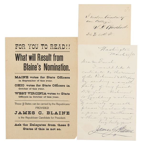 James G. Blaine Letter Signed