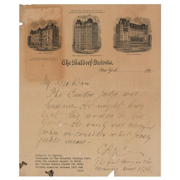Cyrus H. K. Curtis Autograph Letter Signed