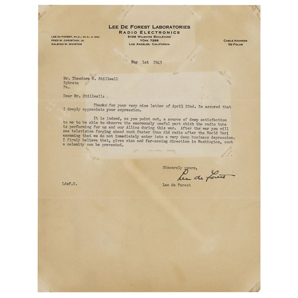 Lee de Forest Typed Letter Signed