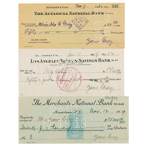 Zane Grey (3) Signed Checks