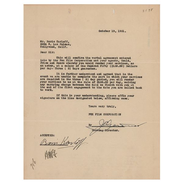 Boris Karloff Document Signed