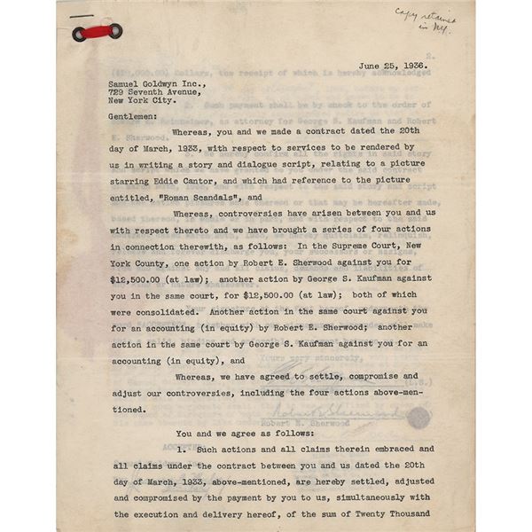 George S. Kaufman and Robert E. Sherwood Document Signed