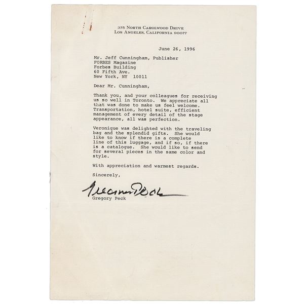 Gregory Peck Typed Letter Signed