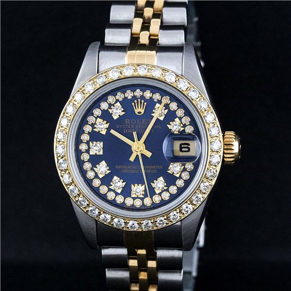 Rolex Ladies 2 Tone Quickset 18K Blue String Diamond Datejust Wristwatch