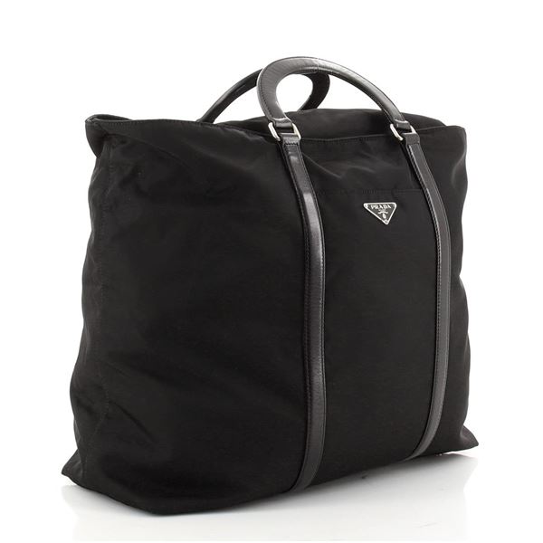 Prada Black Tessuto Nylon with Leather Convertible Zip Large Tote Bag