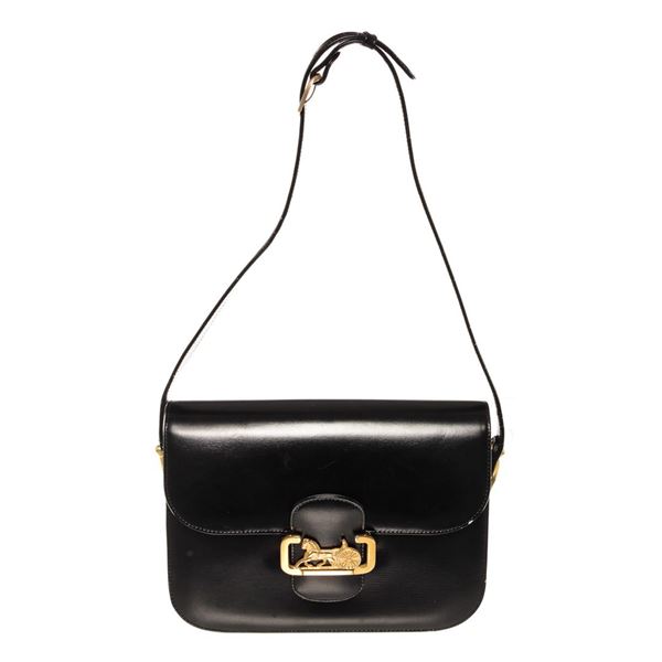 Celine Vintage Black Leather Horse Carriage Box Shoulder Bag