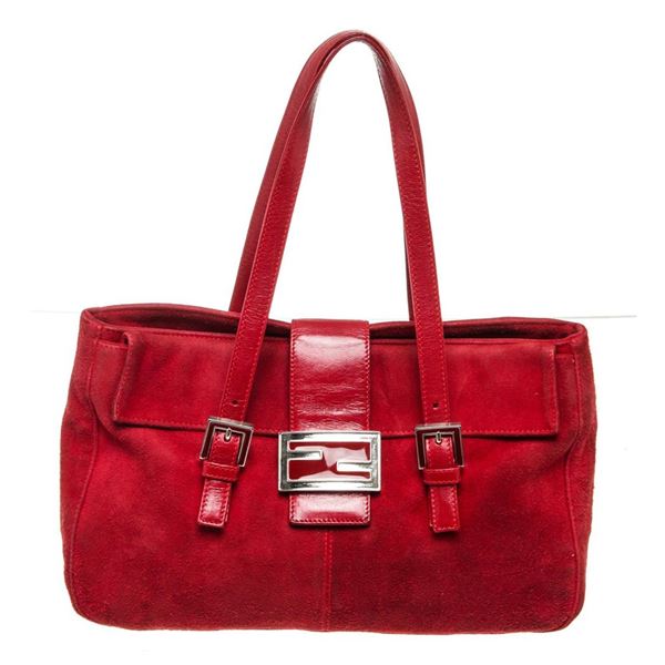 Fendi Red Leather Zucca Mama Baugette Shoulder Bag