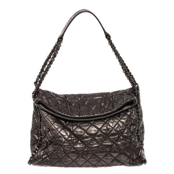 Chanel Black Calfskin Leather Chain Around Metallic Medium Hobo Bag