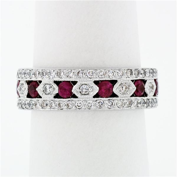 18k White Gold 1.50 ctw Pave Round Brilliant Diamond & Blood Red Ruby Band Ring