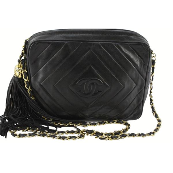Chanel Black Chevron Quilted Lambskin Leather Camera Fringe Crossbody Bag