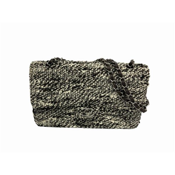 Chanel Black White Multicolor Quilted Boucle Tweed Double Flap Shoulder Bag