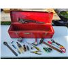 Image 1 : Large Red Metal Toolbox with Assorted Hand Tools