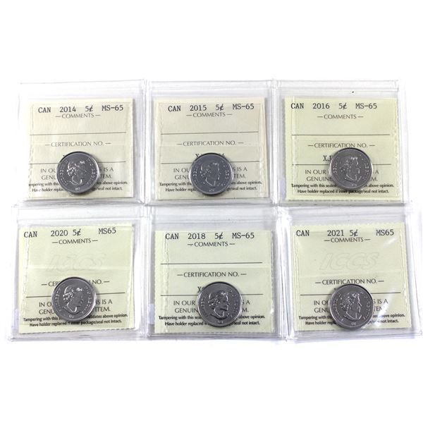 5-cent 2014, 2015, 2016, 2018, 2020, & 2021 ICCS Certified MS65. 6pcs.