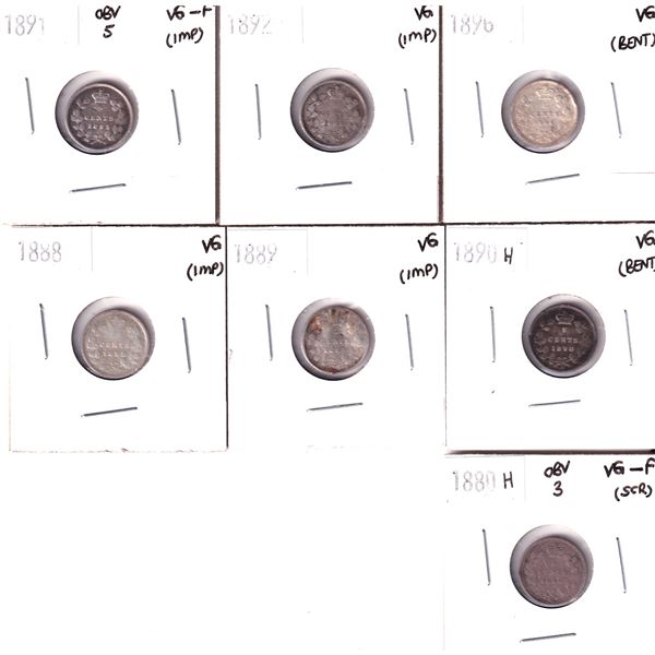 1880-1896 Canada 5-cents: 1880H  Obverse 3 VG-F, 1888 VG,1889 VG,1890H VG, 1891 obverse 5 VG-F, 1892