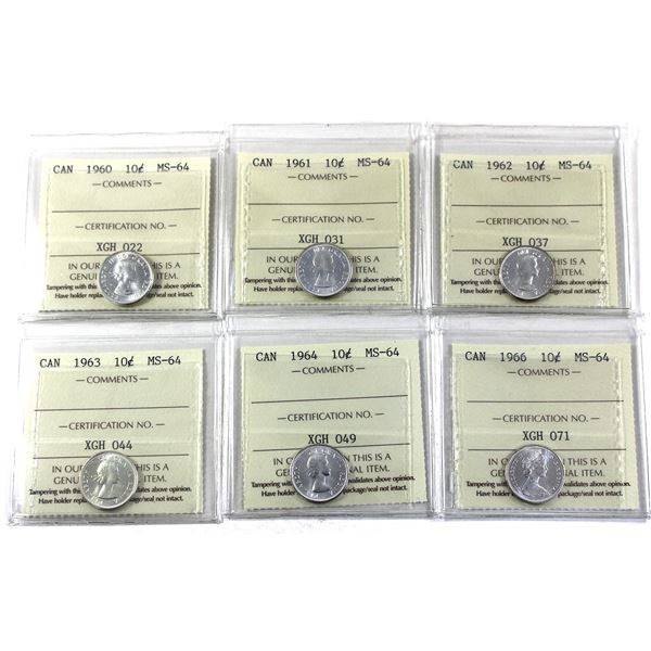 10-cent 1960, 1961, 1962, 1963, 1964, & 1966 ICCS Certified MS64. 6pcs.