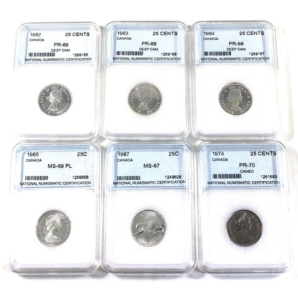 25-cent 1962 PR69 DCAM, 1963 PR68 DCAM, 1964 PR68 DCAM, 1965 MS69 PL, 1967 MS67, & 1974 PR70 Cameo N