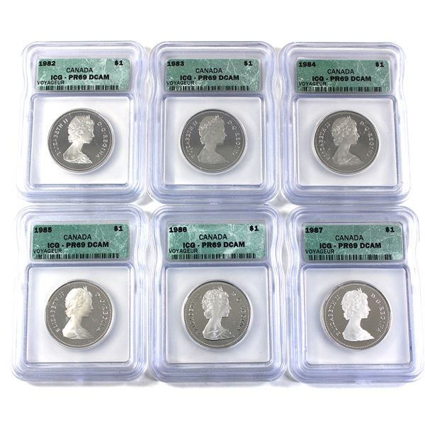 Nickel $1 1982, 1983, 1984, 1985, 1986, & 1987  ICG Certified PR69 DCAM. 6pcs.