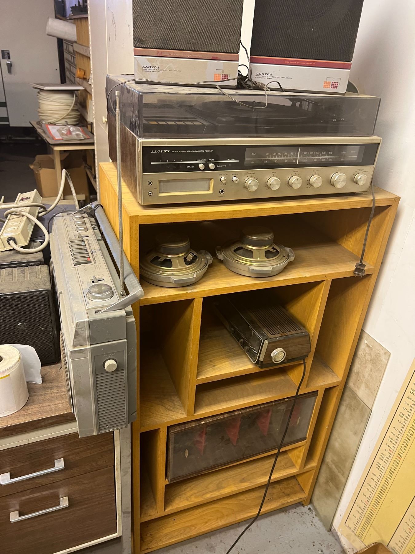 Player Turn Box TWO RECORD PLAYER, TURN TABLE, BOOM BOX, THREE SETS OF SPEAKERS, AND A ...