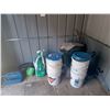 Image 1 : EIGHT PAILS, METAL WATERING CAN, HANGING PLANTERS, GARBAGE CAN, GARDENING TOOLS. PLEASE SEE IMAGES F
