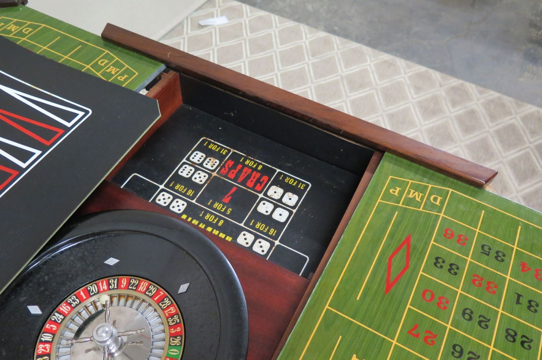Square Lacquered Game Table w/ Roulette Wheel & Games (some surface damage)