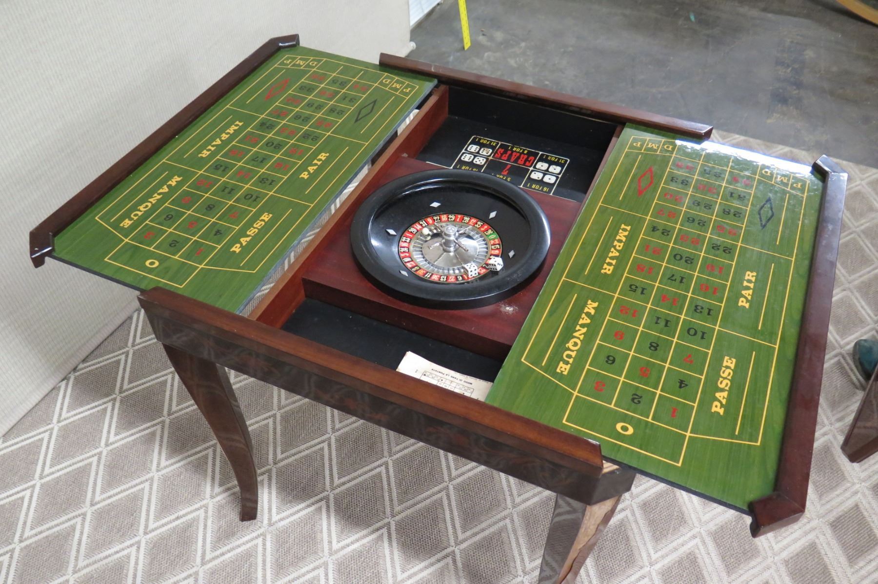 Square Lacquered Game Table w/ Roulette Wheel & Games (some surface damage)