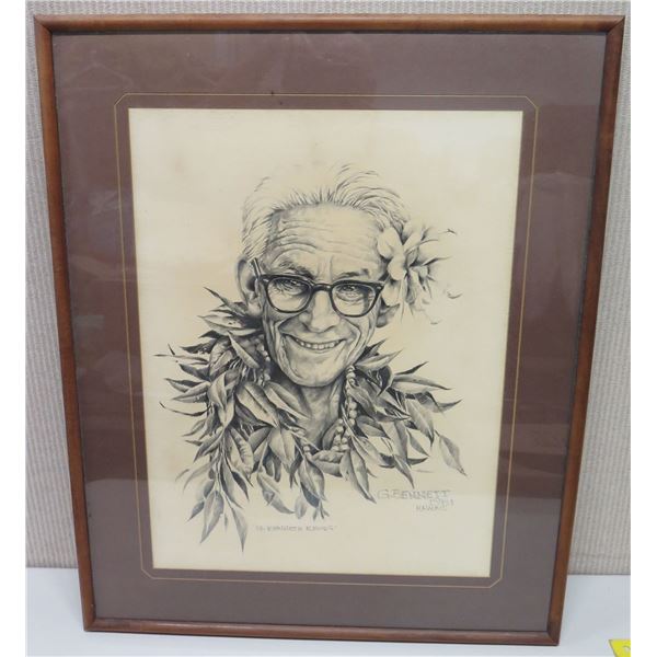 Framed Black & White Art: "Dr. Kenneth Emori", Signed G. Bennett 1981 (26x32)