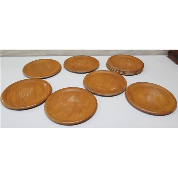 Qty 7 Round Wooden Plates, 10" Dia. (has scratches)