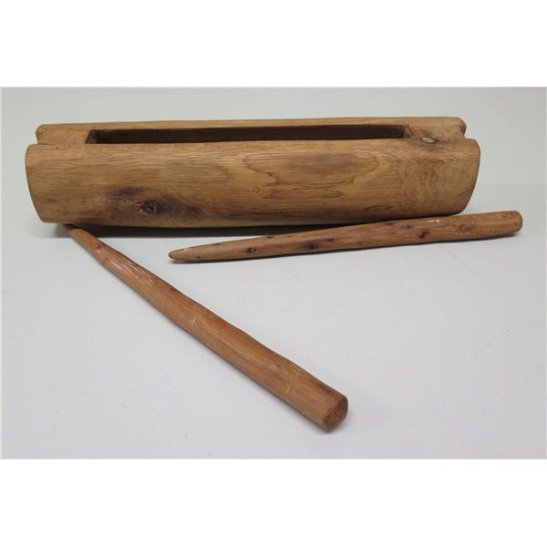 Polynesian Slit Log Wood Drum w/ 2 Sticks, Cook Islands, Inscription on Back