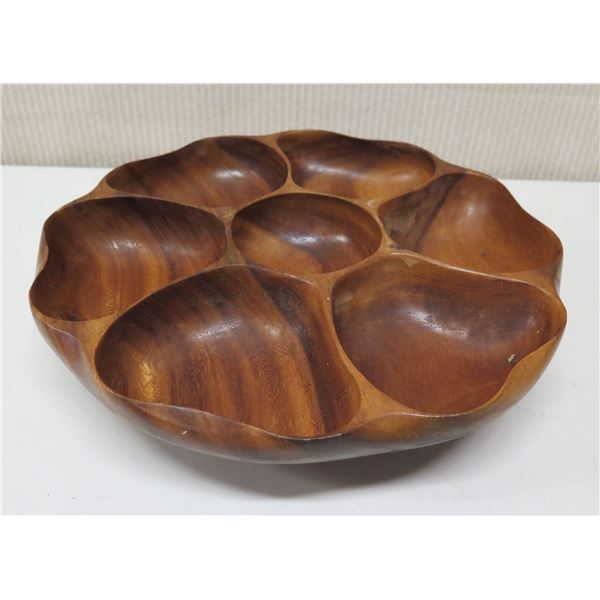 Large Round Carved Wood 7-Section Tray w/ Base, Approx 14" Dia, 3.5"H