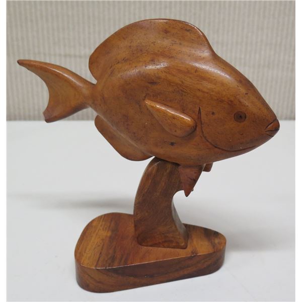Carved Milo Wood Fish on Wooden Base, Signed, Approx. 8.5" Tall