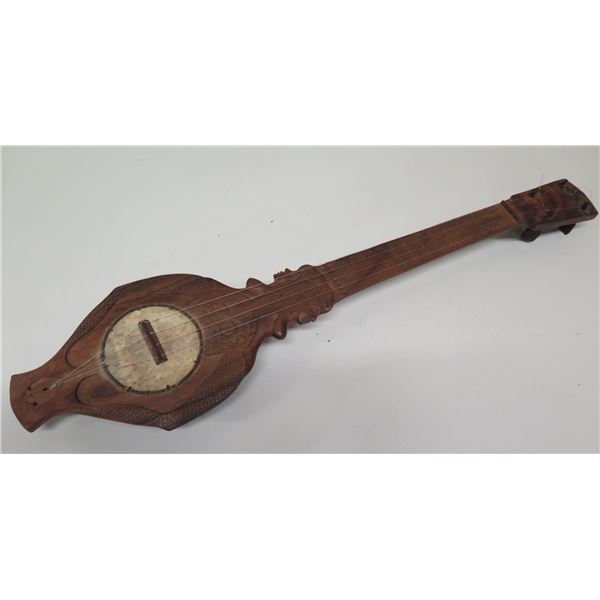 Antique Carved Wooden 4-String Musical Instrument, Approx. 29" L