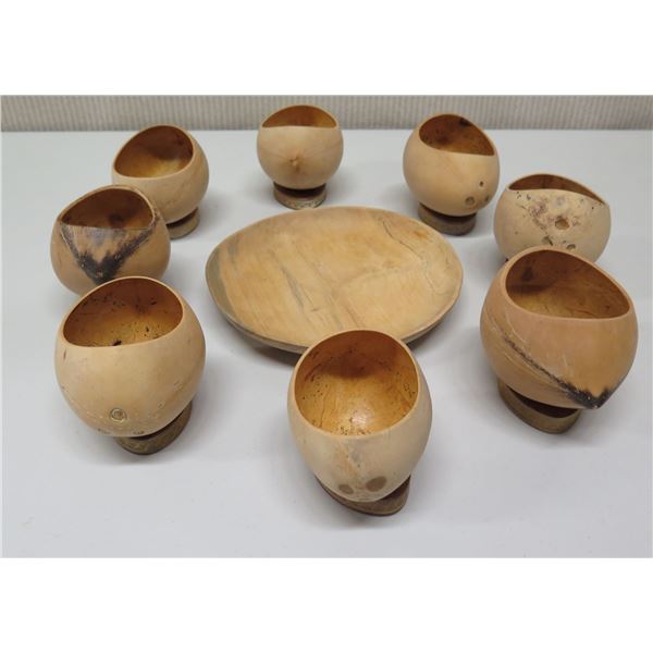 Qty 8 Oval Coconut Footed Bowls w/ Carved Wooden Base & Wooden Plate